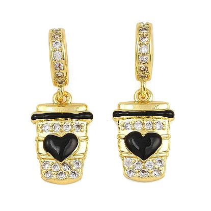 Brass Micro Pave Clear Cubic Zirconia European Dangle Charms, Large Hole Pendants, Coffee Cup with Heart, with Enamel