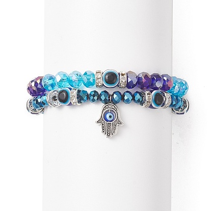 2Pcs 2 Style Evil Eye Glass & Resin Beaded Stretch Bracelets Set, Alloy Hamsa Hand Charms Stackable Bracelets for Women