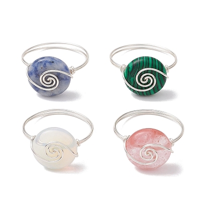 Плоские круглые кольца из синтетического малахита, вишневого кварцевого стекла, опалита и натуральной голубой пятнистой яшмы, кольцо из медной проволоки для унисекс