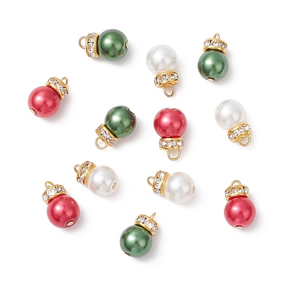 12шт. стеклянные жемчужины подвески, круглые, с латунными бусинами-разделителями из стразов и 304 петлей из нержавеющей стали