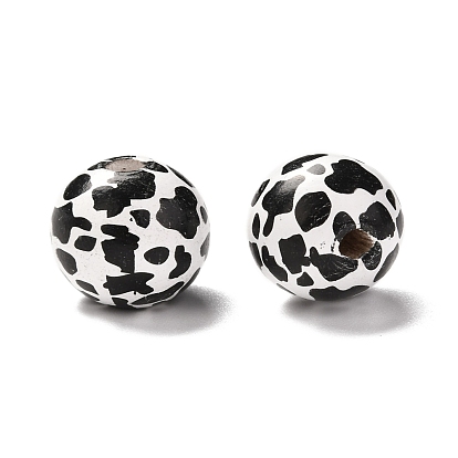 Printed Wood European Beads, Large Hole Beads, Round with Cow Grain Pattern, Dyed