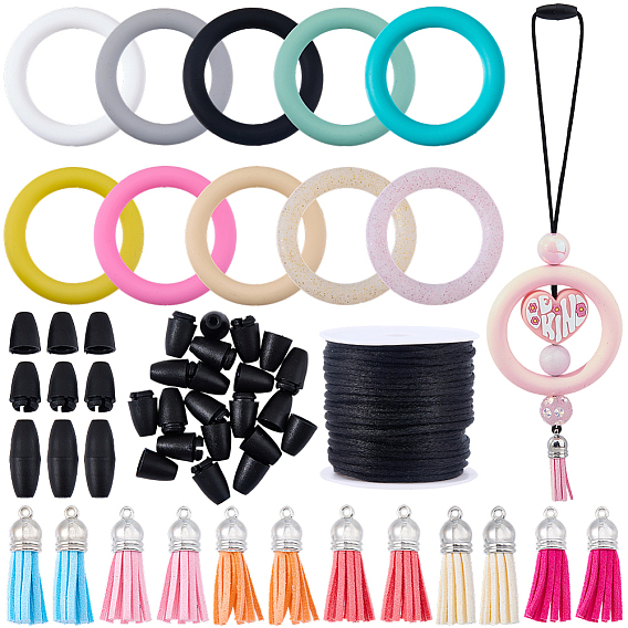 12piezas 12colores anillo de cuentas de silicona, con 12piezas de decoraciones colgantes con borlas de gamuza sintética, 12piezas de cierres de plástico separables, 12m cordón de satén de cola de rata de poliéster redondo