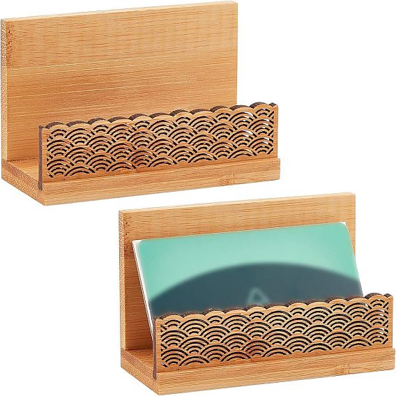 2Pcs Chinese Style Rectangle Bamboo Business Card Holder, Name Card Stand with Sculpture Wave Pattern