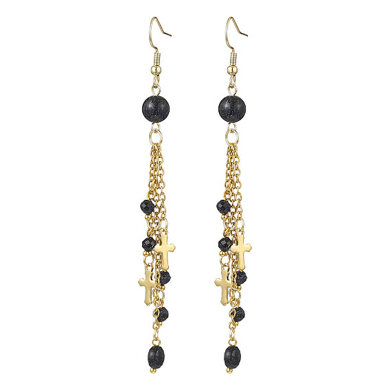 Круглые серьги с крестом 304 из нержавеющей стали, с синтетическим голубым Голдстоун