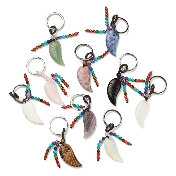 Chakra Jewelry, Gemstone Keychain, with Brass Split Key Rings and Nylon Thread, Carved Wing, Platinum