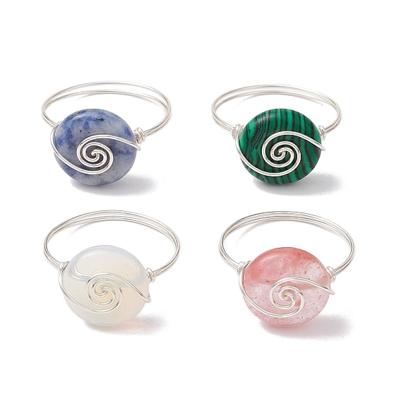 Плоские круглые кольца из синтетического малахита, вишневого кварцевого стекла, опалита и натуральной голубой пятнистой яшмы, кольцо из медной проволоки для унисекс