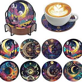 DIY Moon Theme Fancy Scenery Diamond Painting Round Acrylic Cup Mat Kits, Including Cork, Coster Holder, Resin Rhinestones, Diamond Sticky Pen, Tray Plate & Glue Clay