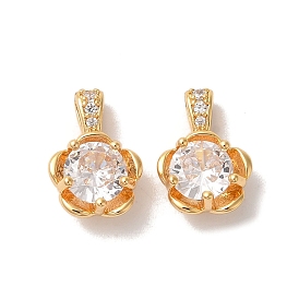 Brass Micro Pave Clear Cubic Zirconia Charms, Nickle Free, Round with Flower