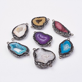 Natural Druzy Agate Links Connectors, with Polymer Clay Rhinestone and Brass Findings, Nuggets