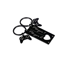 304 Stainless Steel Couples Keychain, Rectangle with Half Heart