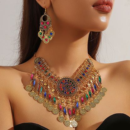 Комплект из ожерелья и серег-гвоздиков в стиле бохо с кисточками из сплава и плоских круглых страз для женщин