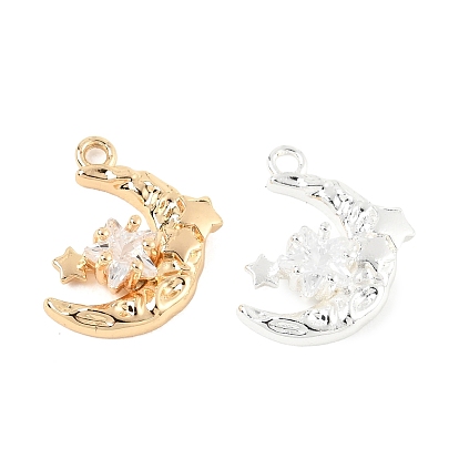 Brass Micro Pave Clear Cubic Zirconia Pendants, Moon with Star Charms