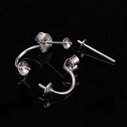 925 Sterling Silver Stud Earring Findings, with Cup Pearl Bail Pin, for Half-drill Beads, 15x6x9mm, Pin: 0.6mm