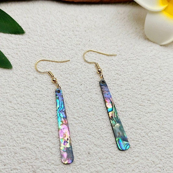 Acrylic Imitation Abalone Shell Long Bar with Alloy Hook Dangle Earrings, Golden