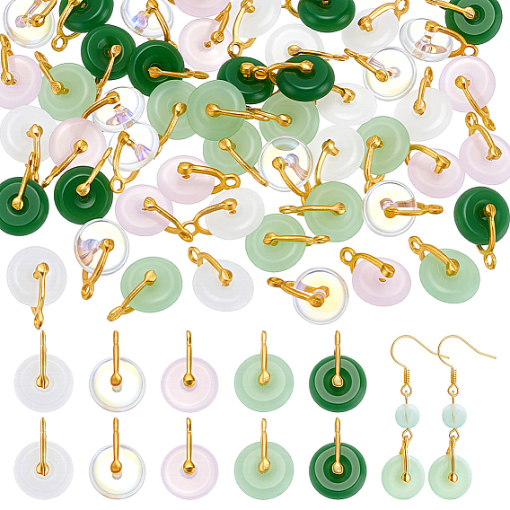 50Pcs 5 Colors Glass Imitation Gemstone Pendants, Flat Round Charm, with Alloy, Golden