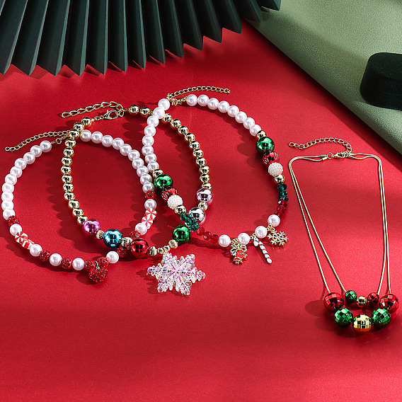 Ожерелья из искусственного жемчуга/акриловых бусин с подвеской из сплава, страз и эмали на рождественскую тематику