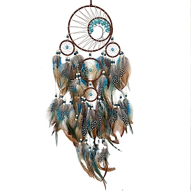 Woven Net/Web with Feather Art Wall Hanging Pendant Decorations, with Wood Beads, Synthetic Turquoise