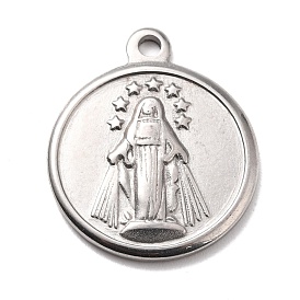 304 Stainless Steel Pendants, Textured, Flat Round with Woman & Star