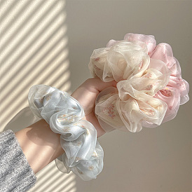 Floral Hair Tie for Women - Elegant Spring Ponytail Holder with Oversized Chiffon Bow and Mesh Ball Accents