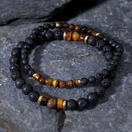 2шт. Набор круглых бусинок из натурального желтого тигрового глаза и лавового камня для мужчин и женщин