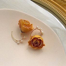 3D Flower Brass Dangle Earrings with Plastic Pearl Beaded