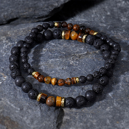 2шт. Набор круглых бусинок из натурального желтого тигрового глаза и лавового камня для мужчин и женщин