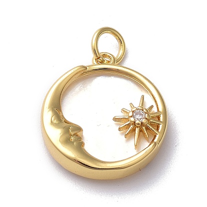 Rack Plating Brass Micro Pave Clear Cubic Zirconia Pendants, Cadmium Free & Lead Free, with Shell & Jump Ring, Long-Lasting Plated, Flat Round with Moon & Sun
