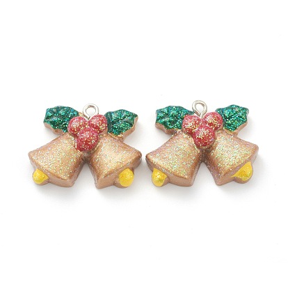 Resin Pendants, for Christmas Festival, with Platinum Iron Peg Bail, Glitter Powder, Bells
