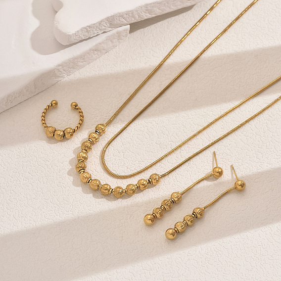 Винтаж 201 комплект из двухслойных ожерелий, серег и колец-манжет из нержавеющей стали с круглыми бусинами для женской вечеринки