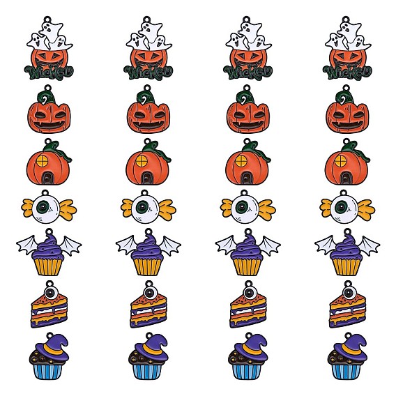 28шт 7 стиль хэллоуин подвески из сплава эмали, Призрачная тыква, тыквенный домик и конфета с глазом