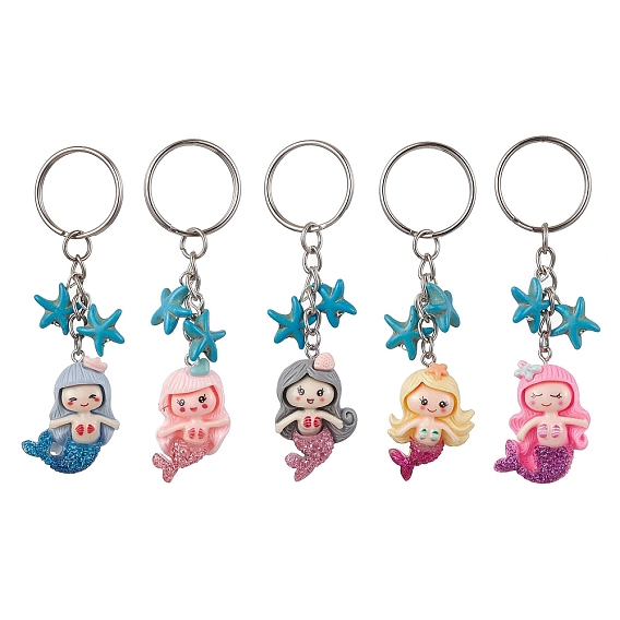 Брелок-подвеска из непрозрачной смолы «русалка», с синтетической бирюзой в виде морской звезды и железными разъёмными брелоками для ключей