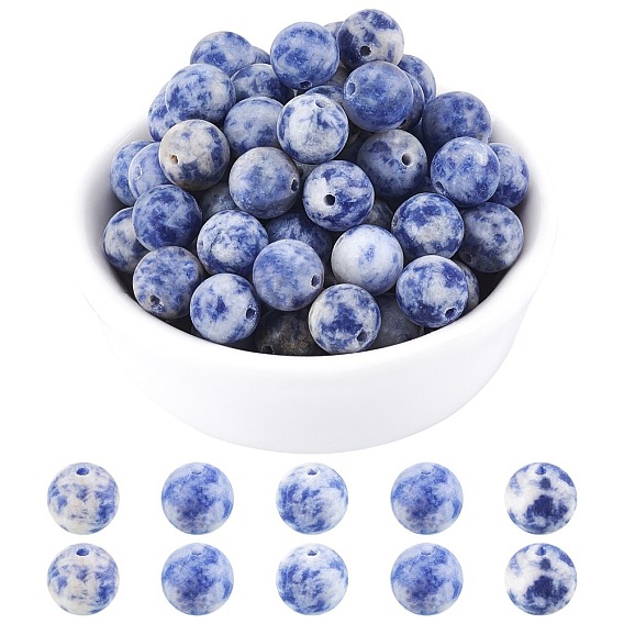Natural Blue Spot Jasper Beads Strands, Frosted, Round