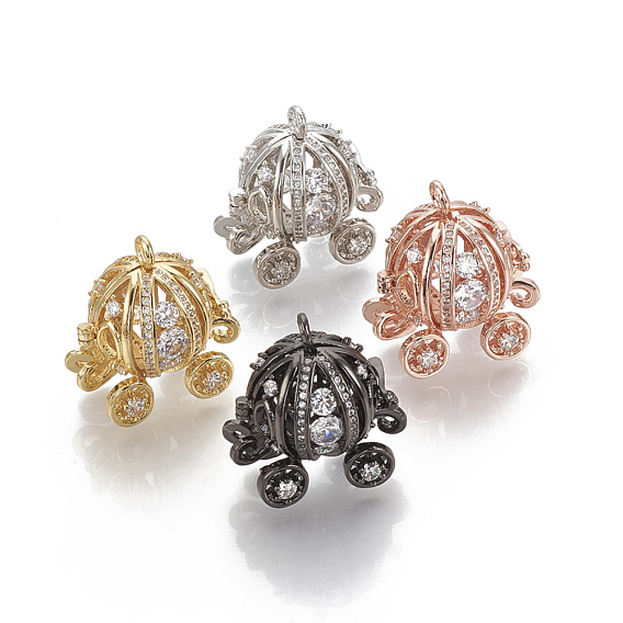 Brass Cage Pendants, For Chime Ball Pendant Necklaces Making, with Micro Pave Cubic Zirconia, Hollow Pumpkin Carriage, Clear