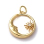 Rack Plating Brass Micro Pave Clear Cubic Zirconia Pendants, Cadmium Free & Lead Free, with Shell & Jump Ring, Long-Lasting Plated, Flat Round with Moon & Sun