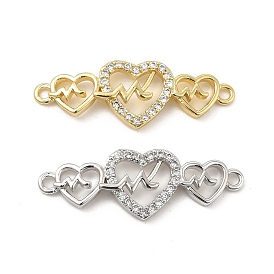 Brass Micro Pave Clear Cubic Zirconia Connector Charms, 3 Heart Links