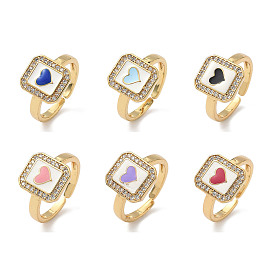 Латунные микро проложить манжеты кольца кубического циркония, с эмалью, прямоугольник и сердце, долговечный, стойки покрытие, без свинца и без кадмия, реальный 18 k позолоченный