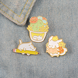 Cute Enamel Alloy Cat Reading and Holding Pencil Brooch Badge