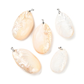 Natural Freshwater Shell Big Pendants, Oval Charms with Metal Pinch Bails