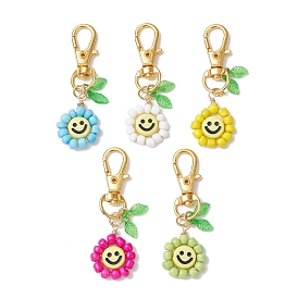 Smiling Face Flower Glass Seed with Acrylic Pendant Decorations, with Iron Swivel Clasp