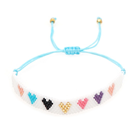 Friendship 7 Colors Heart Loom Pattern Seed Beads Bracelets for Women, Adjustable Nylon Cord Braided Bead Bracelets