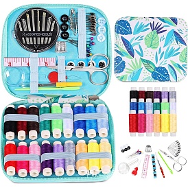 DIY Sewing Tool Kits, including Leaf Pattern Storage Bag, Thread Reels, Buttons, Needle Threader, Pins & Thimbles, Tape Measure & Scissors & Needles