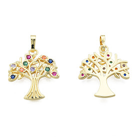 Brass Micro Pave Colorful Cubic Zirconia Pendants, with Brass Snap on Bails, Nickel Free, Tree