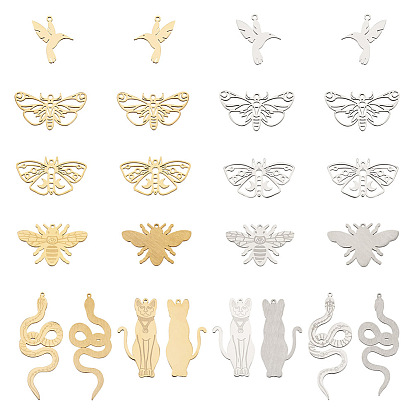 24 шт. 6 ионное покрытие (ip) 201 подвески из нержавеющей стали, лазерная резка, колибри и пчела и бабочка и змея и кошка и мотылек