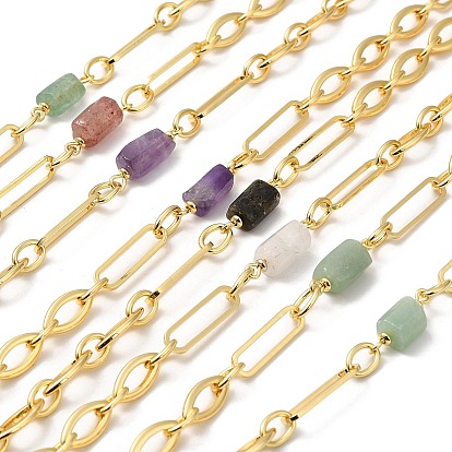 Natural Mixed Gemstone Faceted Irregular Column Beaded Chains, with Rack Plating Real 18K Gold Plated Brass Oval Link Chains, Unwelded, Long-Lasting Plated, Lead Free & Cadmium Free