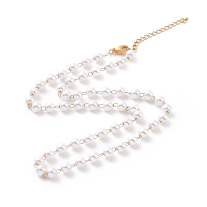 Vacuum Plating 304 Stainless Steel Beaded Necklaces, with Plastic Imitation Pearl Beads