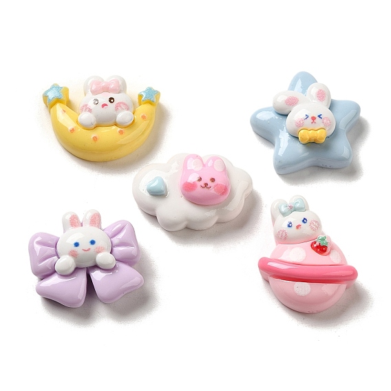 Opaque Cartoon Resin Decoden Cabochons, Rabbit with Moon & Star & Cloud, Mixed Shapes