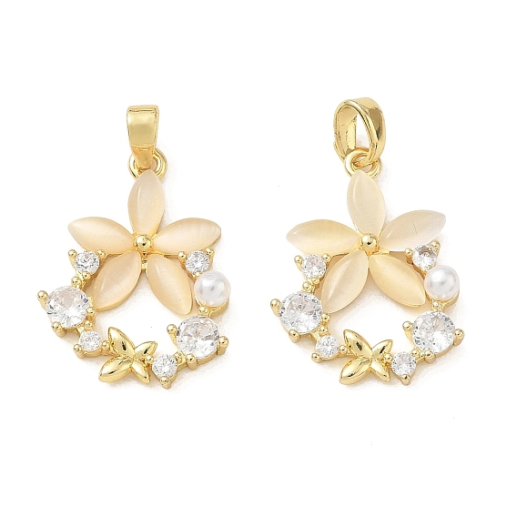 Brass Micro Pave Clear Cubic Zirconia Pendants, with Resin & Plastic Pearl, Wreath Charms