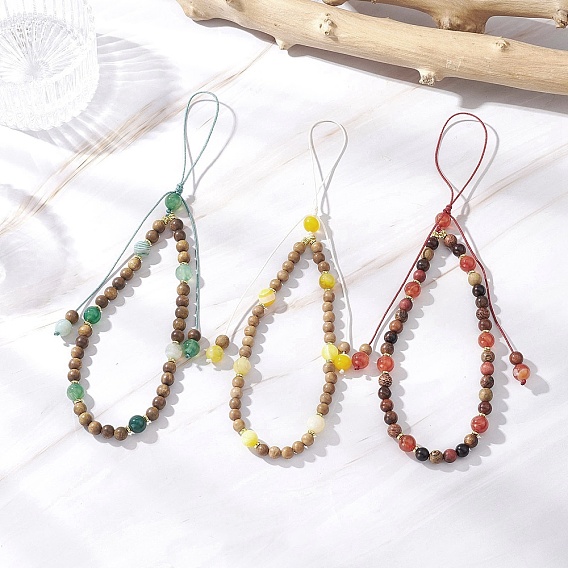 3Pcs 3 Colors Dyed Natural Banded Agate & Wood Round Beaded Phone Hand Strap Chains