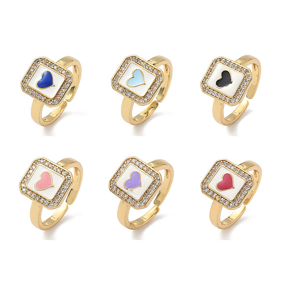 Латунные микро проложить манжеты кольца кубического циркония, с эмалью, прямоугольник и сердце, долговечный, стойки покрытие, без свинца и без кадмия, реальный 18 k позолоченный