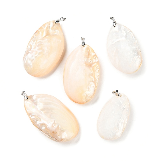 Natural Freshwater Shell Big Pendants, Oval Charms with Metal Pinch Bails